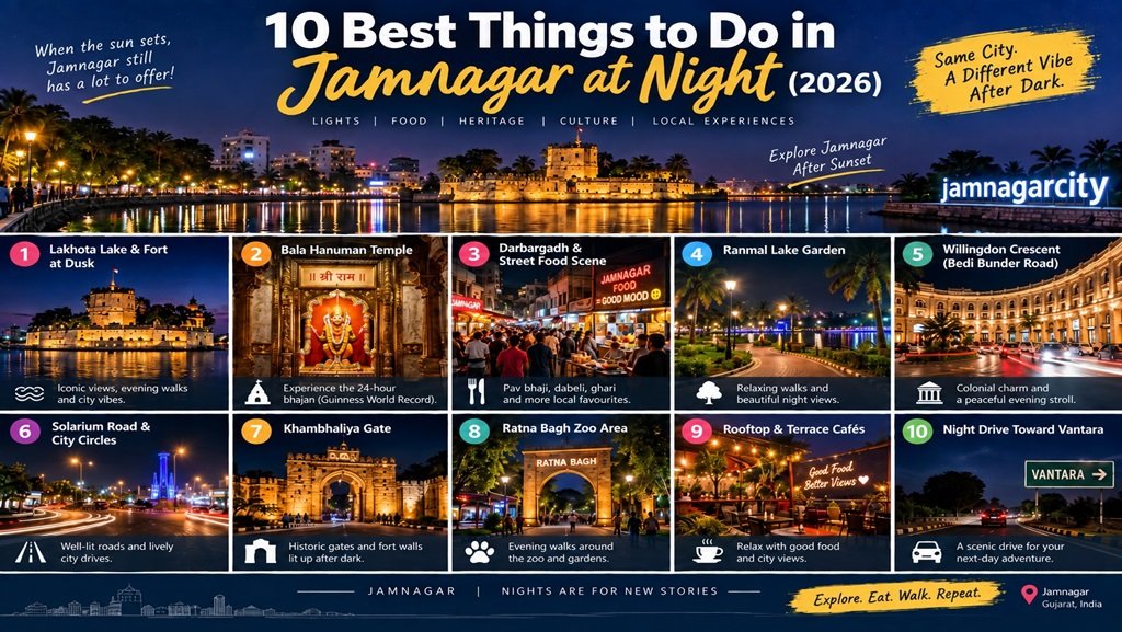 10 Best Things to Do in Jamnagar at Night (2026) Nighttime travel infographic showing 10 things to do in Jamnagar, including Lakhota Lake and Fort, Bala Hanuman Temple, Darbargadh street food, Ranmal Lake Garden, Willingdon Crescent, Solarium Road, Khambhaliya Gate, Ratna Bagh area, rooftop cafés, and a night drive toward Vantara.