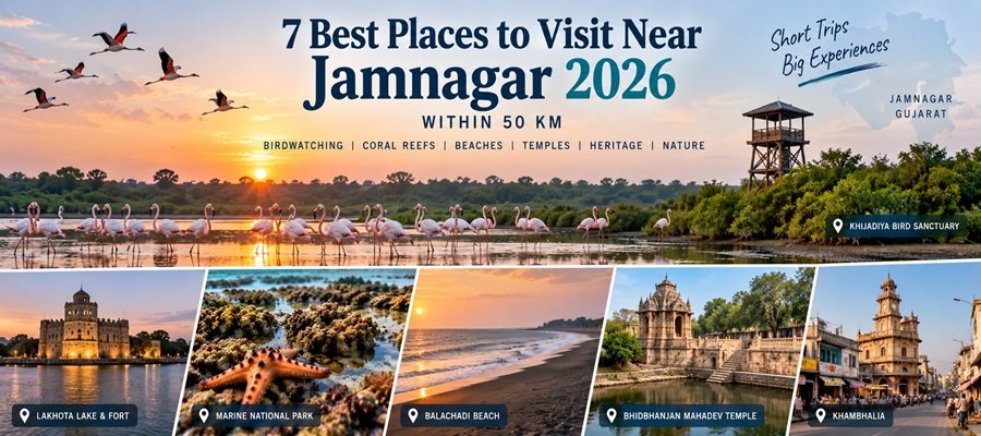 Discover the best places to visit near Jamnagar within 50 km, from flamingo-filled wetlands and coral reefs to beaches, temples and historic sites. Travel banner showing seven places near Jamnagar, including Khijadiya Bird Sanctuary with flamingos, Lakhota Lake and Fort, Marine National Park, Balachadi Beach, Bhidbhanjan Mahadev Temple and Khambhalia.