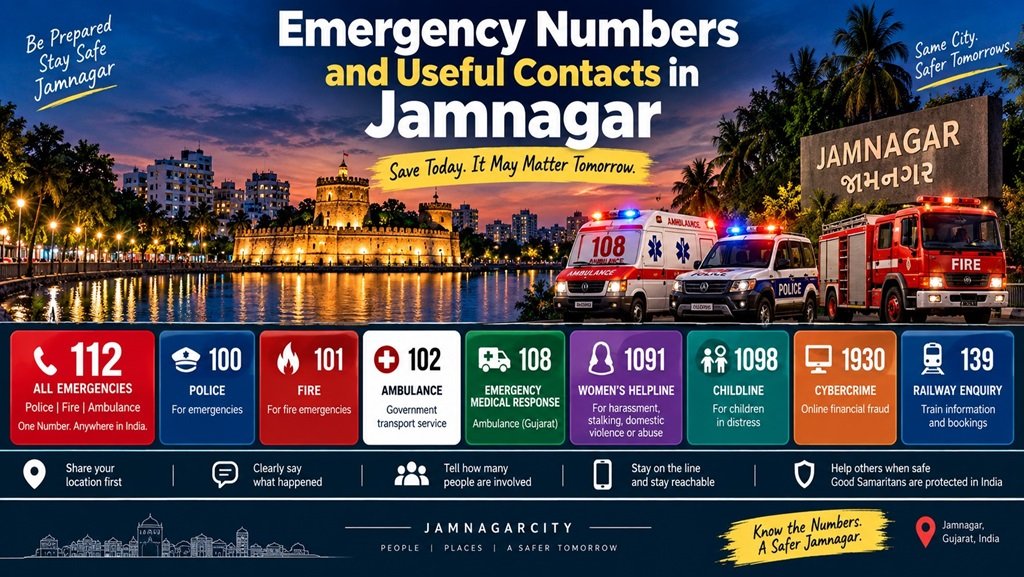 Emergency Numbers and Useful Contacts in Jamnagar Jamnagar emergency numbers infographic featuring Lakhota Fort at dusk, emergency vehicles, and helpline cards for 112 all emergencies, 100 police, 101 fire, 102 ambulance, 108 emergency medical response, 1091 women’s helpline, 1098 Childline, 1930 cybercrime, and 139 railway enquiry.