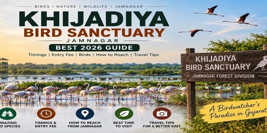 Khijadiya Bird Sanctuary near Jamnagar is a wetland habitat known for migratory birds and scenic lakes. Khijadiya Bird Sanctuary near Jamnagar with wetlands and migratory birds