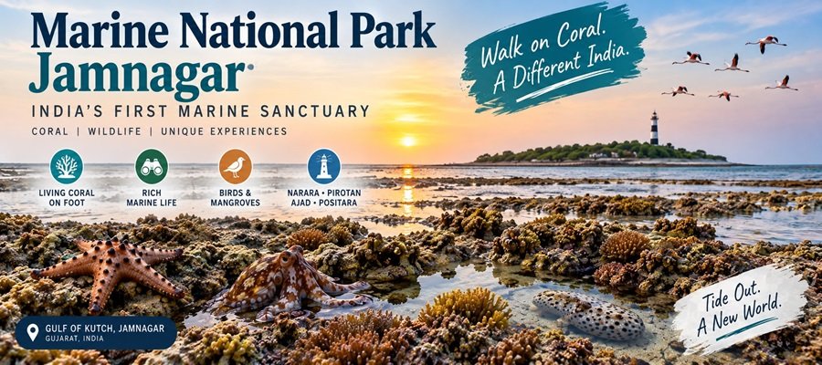 Explore Jamnagar’s Marine National Park at low tide, where living coral and marine life can be seen on foot. Panoramic view of Marine National Park Jamnagar at low tide, with exposed coral reefs, starfish, octopus, marine life, flamingos, mangroves and a lighthouse across the Gulf of Kutch.