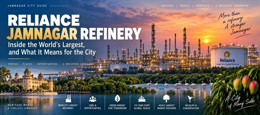 Panoramic view of the Reliance Jamnagar refinery at sunset, with the industrial complex, Lakhota Palace, mangroves, flamingos and mango trees representing Jamnagar’s industry, heritage and natural environment.