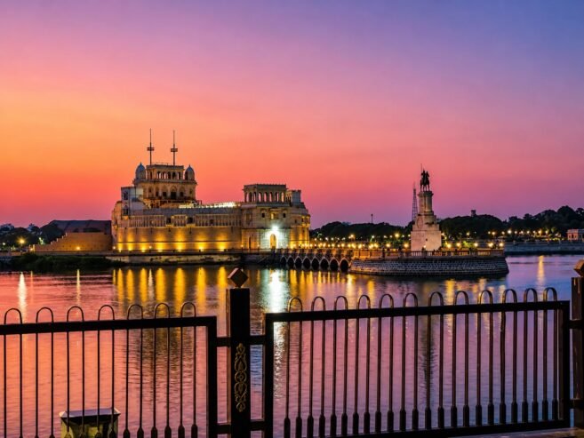 Lakhota Palace and Museum at sunset over Ranmal Lake in Jamnagar city
